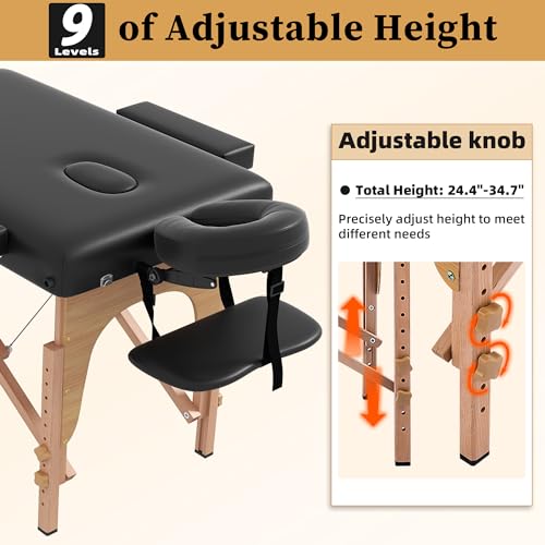 civama Massage Table Massage Bed Portable, 29 LBs Light Weight 2 Section Foldable Tattoo Bed Facial Care Spa Lash Bed Height Adjustable Sturdy Wooden Frame with Accessories Carrying Bag, Black