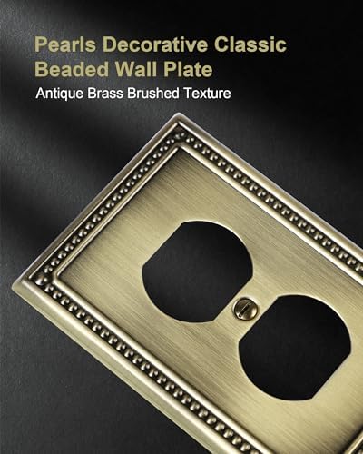 6-Pack Duplex Outlet Cover Plate, Antique Brass Metal Wall Plates for Electrical Outlets, 1 Gang Receptacle Cover, Pearls Decorative Switch Plates and Outlet Covers