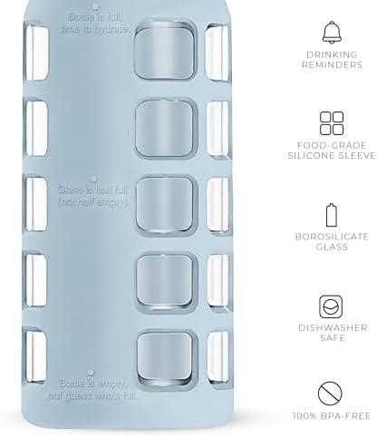 purifyou 40/32/22/12 oz Borosilicate Glass Water Bottles with Volume Markers, Silicone Sleeve, Stainless Steel Lid, Reusable Bottle for Water, Juice, Gym, and Fridge Storage (22oz Ice Blue)