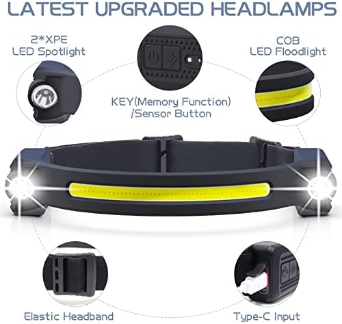 AlpsWolf LED Headlamp Rechargeable, 2 XPE LED and COB LED Head Lamp, Sensor Mode, 260° Wide Beam, IPX4 Waterproof, Rechargeable Headlight for Camping Accessories (2 Pack)