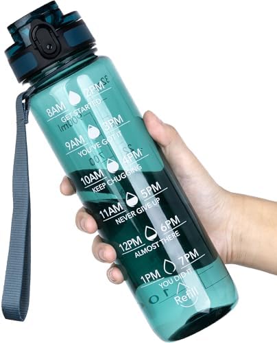 OLDLEY Water Bottle, 32oz Motivational Sports Water Bottle with Time Marker - Times to Drink - Tritan, BPA Free, Wide Mouth Leakproof, Deep Sea (1 Bottle)