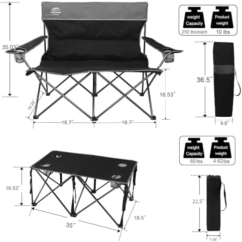 Oversized 4 Pcs Camping Chair Set with Table,Outdoor Folding Heavy Duty Lawn Chair,Cup Holder,Portable,Loveseat Chair Perfect for Family Hiking,Picnics and Beach Trips,Black