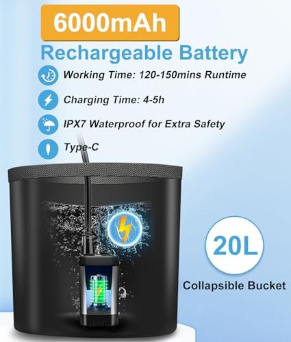 WADEO Portable Camping Shower, 6000mAh Rechargeable Shower Pump, Filtered Shower Head & 5 Gallons Foldable Bucket, Outdoor Shower for Hiking Beach, Travel, Pet Bath, Car Washing, Surf & Boat Cleaning