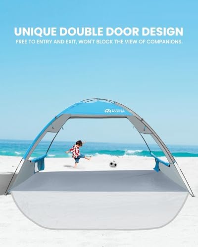 OutdoorMaster Beach Tent for 3 Person with 2 Doors, Easy Setup Sun Shade Shelter, Portable Beach Shade Sun Canopy with UPF 50+ UV Protection, Extendable Floor with Carrying Bag - Blue