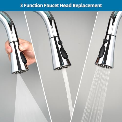 Hygie Rinse Universal Kitchen Faucet Head Replacement with 15 Adapter Kit Compatible with Kohler/Moen/Delta Faucet, 3 Function Pull Down Sink Faucet Spray Head, Chrome