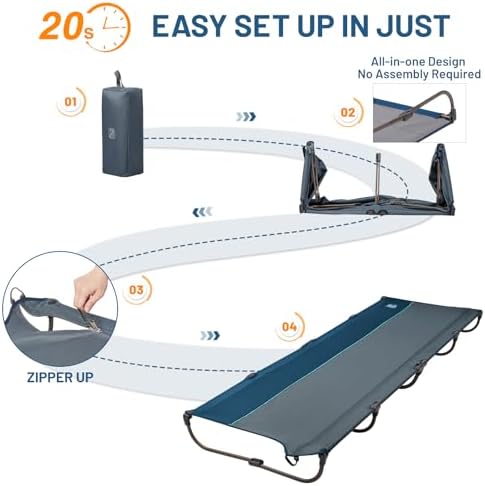 TIMBER RIDGE Lightweight Aluminum Camping Cot, 20-Second Quick Set-Up Folding Cot with Zipper Closure, Portable Carry Bag Included for Camping, Travel and Outdoors, Support up to 225lbs, Blue