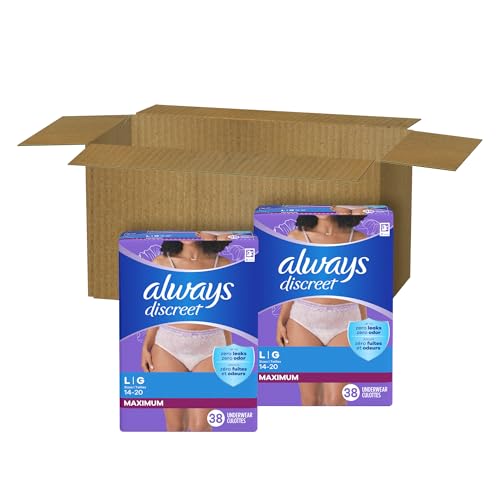 Always Discreet Adult Incontinence Underwear for Women and Postpartum Underwear, Large, Up to 100% Bladder Leak Protection, 76 Count (2 Packs of 38)