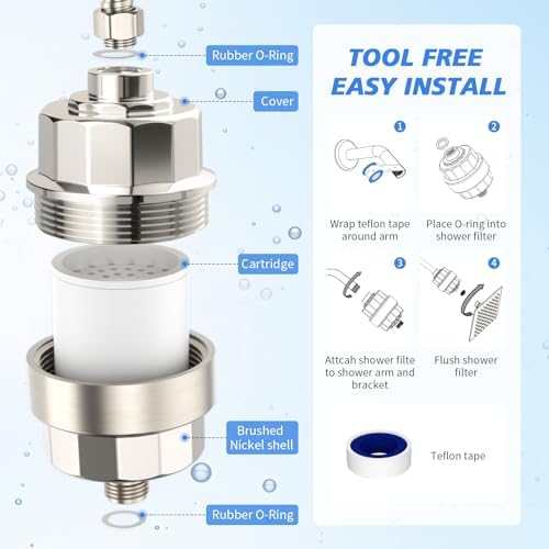 20-Stage Shower Filter-Shower Head Filter for Hard Water, with 3 Replaceable Cartridges, High Output Shower Water Filter for Removing Chlorine and fluoride, Brushed Nickel