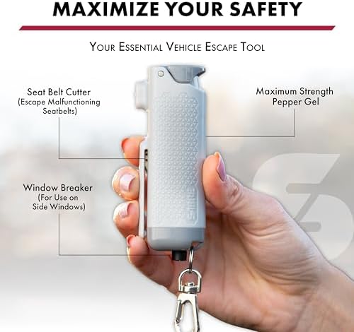 SABRE Safe Escape 3-In-1 Pepper Gel With Seat Belt Cutter & Window Breaker, Maximum Strength Pepper Spray, Snap Clip Keychain for Easy Carry & Fast Access, 0.54 fl oz, Easy to Use Fast Flip Top Safety