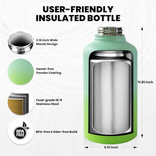 One Gallon Water Bottle Insulated, Triple Walled Vacuum Stainless Steel (Cold for 48 Hrs), Leak Proof & Non-BPA, Large Water Flask Jug with Paracord Handle & Straw Spout Lids