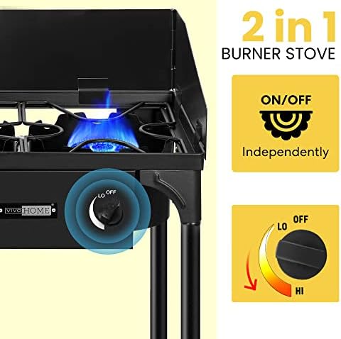 VIVOHOME 150,000 BTU Double Burner Propane Stove, Heavy-Duty Outdoor Portable Camp Stove with Windscreen & Detachable Legs for Camping, Backyard, BBQ Cookouts