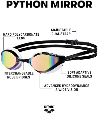 ARENA Unisex Python Racing Swim Goggles for Men and Women Anti-Fog No Leak Max Comfort Dual Strap, Mirror/Non-Mirror Lens