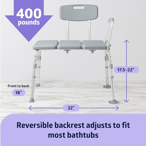 Medline Transfer Bench for Bathtubs and Showers, Adjustable Shower Bench and Bath Seat for Seniors and Adults, Slip-Resistant Feet, Heavy-Duty 400 lb. Weight Capacity, Tool-Free Assembly