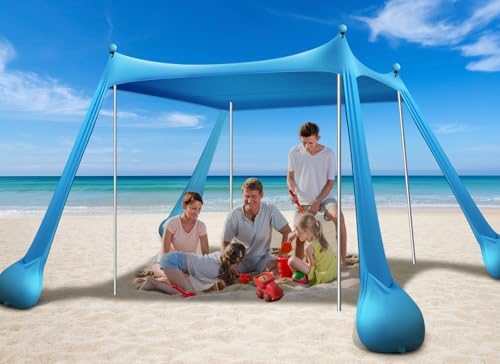 Beach Tent Canopy UPF50+ Protection, 10x10FT Beach Shade Sun Shelter Pop Up with 4 Stability Poles, Sandbags, Sand Shovels, Ground Pegs, Carrying Bag for Outdoor Family Camping Fishing Picnics
