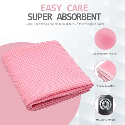 Eunzel Hot Yoga Towel - Microfiber Non Slip Yoga Mat Towel with Grip Dot Sweat Absorbent Towel for Hot Yoga, Pilates and Fitness 72" x 24", Pink/White