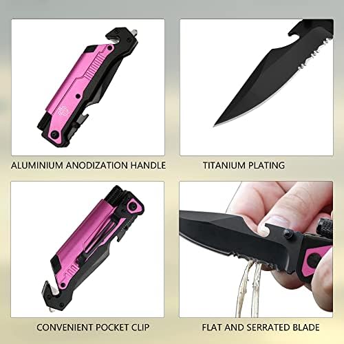 8.5" Military Outdoor Hunting Camping Pocket Knife, 7 in 1 Multi-Function Folding Knives with Fire Starter LED Light Seatbelt Cutter Glass Breaker Bottle Opener Tactical Blade (Pink)