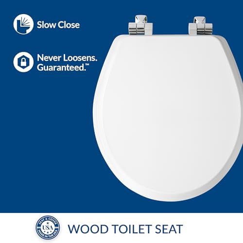 Mayfair Bennett Toilet Seat with Chrome Hinges, Slow Close Wood Seat, Secure Metal Hinges, Easy Install, Made in USA, Round, White