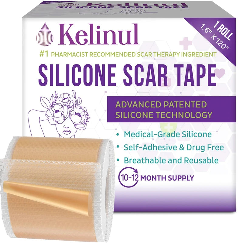 Kelinul Silicone Scar Sheets(1.6 x 120"Roll-3M) Scar Removal Silicone Scar Tape for Softening and Flattening Scars, Acne, C-Section, Keloid Surgery, Painless Removal, Reusable, Washable, 10-12 Month Supply