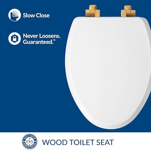 Mayfair Bennett Toilet Seat with Brushed Gold Hinges, Slow Close Wood Seat, Secure Metal Hinges, Easy Install, Made in USA, Elongated, White