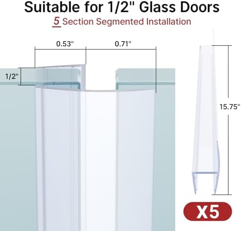 AmazerBath 5 PCS Shower Door Side Seal Strip -15.75 Inches x 5, 5 Sections Segmented Shower Installation Kit, Frameless Glass Door Seal Strip - Suitable for 1/2 Inch Glass