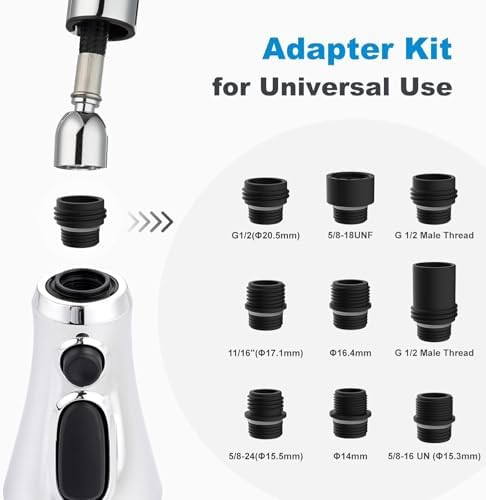 Hibbent Pull Down Spray Head for Kitchen Faucet, 3-Function Kitchen Sink Spray Nozzle with 15 Adapters, Faucet Head Replacement Compatible with Moen, American Standard, Delta, Kohler Faucets, Chrome