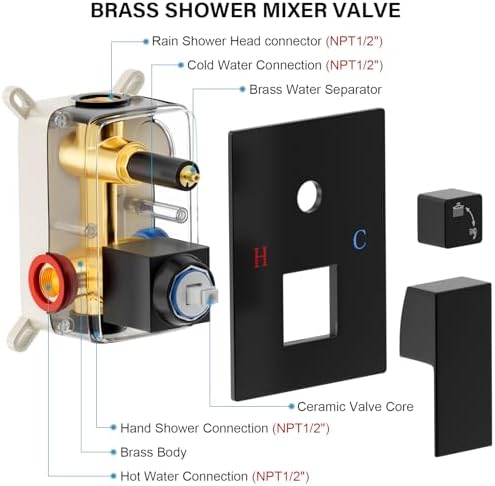 Black Shower Faucet Set, Rainfall Shower System with Square Shower Head and Handle Set, Wall Mounted Shower Fixtures, Full Metal Trim Repair Kit 10 inch Matte Black (With Shower Valve)