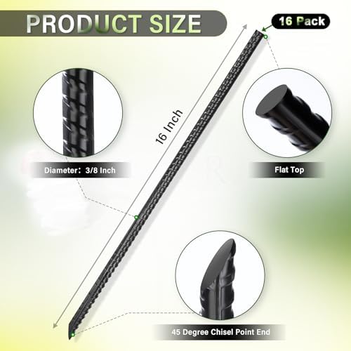 16 Inches Rebar Stakes(16pcs) Heavy Duty Straight Metal Ground Anchors with Chisel Point Ends for Timber,Concrete,Plant Support,Camping Tents,3/8 Inch Thickness Garden Stakes,Black