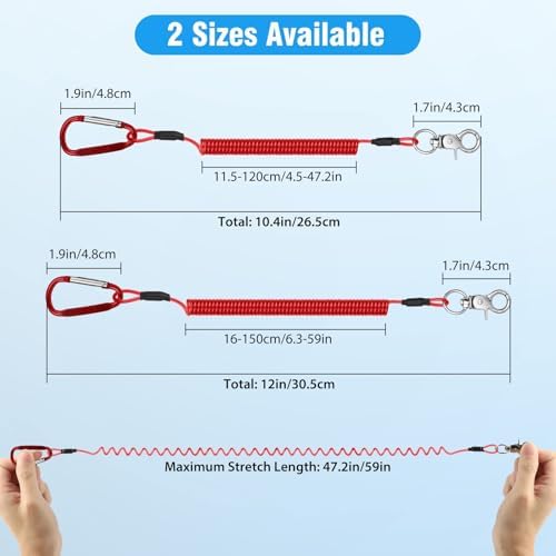 10 PCS Heavy Duty Fishing Lanyards with 2 Sizes, Retractable Safety Fishing Tool Ropes Steel Wire Coiled Lanyard with Carabiner and Keychain, Leash Rod Tether Accessories for Pliers Boating Kayak