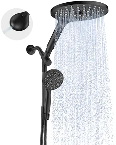 Dual Handheld Shower Head Combo, 2-in-1 Rain Shower Heads System 8 Inch Rainfall Shower Head and 10 Modes High Pressure Hand Held Showerhead with Built-in Power Wash