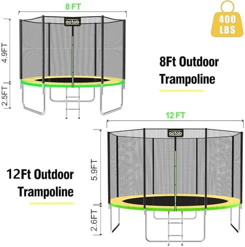 AOTOB 8FT 10FT 12FT 14 FT 15FT Trampoline with Safety Enclosure Net,Outdoor Trampoline with Basketball Hoop, Heavy Duty Jumping Mat and Spring Cover Padding for Kids and Adults, Storage Bag and Ladder