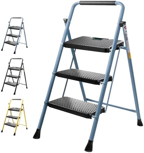 TICONN 3 Step Ladder, Heavy Duty Foldable Step Stool, Portable Steel Folding Stool for Household Garage Storage (Blue)