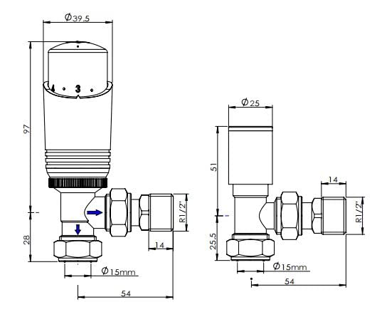Sandy Beach Anthracite Radiator Valves, Grey Radiator Valve Thermostatic, Anthracite TRV Radiator Valves - Grey Thermostatic Radiator Valve with Lockshield Valve Angled (15mm)