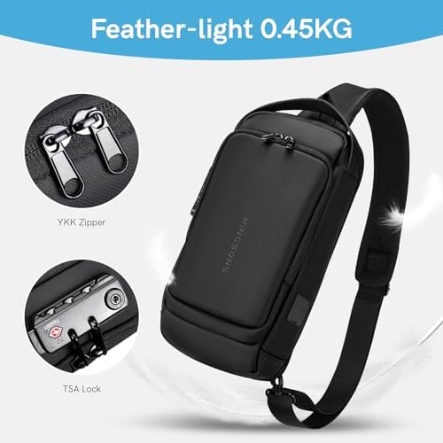 Kingsons Anti-theft Sling Backpack with Lock& Charger for Men, Small Black Casual Crossbody Bag, Mini Lightweight Chest Ipad Daypack for Travel Cycling Hiking