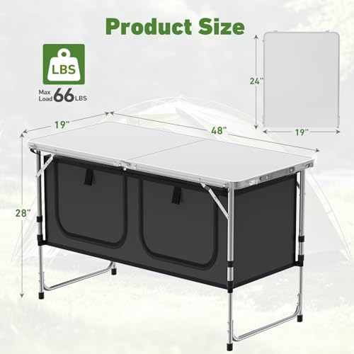 Camping Table, Folding Camping Table with Storage, Lightweight & Portable, 3 Heights Adjustable Folding Table for BBQ, Camping, Picnic and Indoor Use, Grey