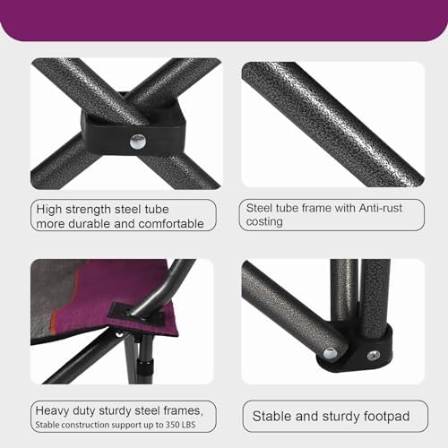 Oversized Portable Camping Chair, Full Padded Outdoor Folding Chair Support 350 LBS, Heavy Duty Lawn Chair with Cup Holder, Cooler Bag, Lumbar Support, Head Pocket for Adult (Purple)