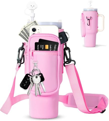dabria Water Bottle Carrier Bag with Phone Pocket for Stanley 40/30 oz Tumbler Neoprene Water Bottle Holder Pouch with Adjustable Strap Bollus with Straw Cover & Carabiner for Stanley Cup Accessories