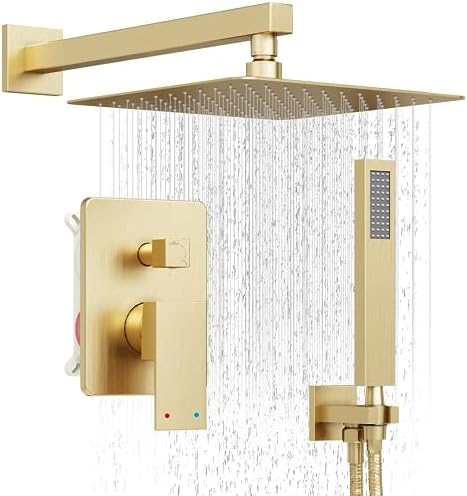 Shower System, Gold Shower Faucet Set with 12-Inch Rain Showerhead and Handheld Spray, Wall Mounted High-Pressure Showerhead Combo Set Included Valve and Trim, Brushed Gold