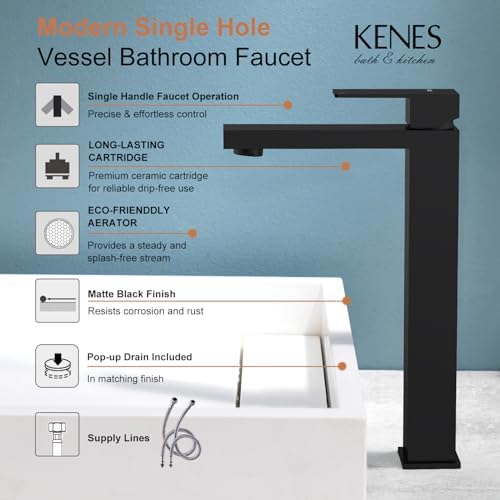 KENES Matte Black Bathroom Faucet Single Handle Tall Vessel Sink Faucet Vanity Bathroom Faucet Basin Mixer Tap with Water Supply Hose and Pop Up Sink Drain, LJ-9031A-2