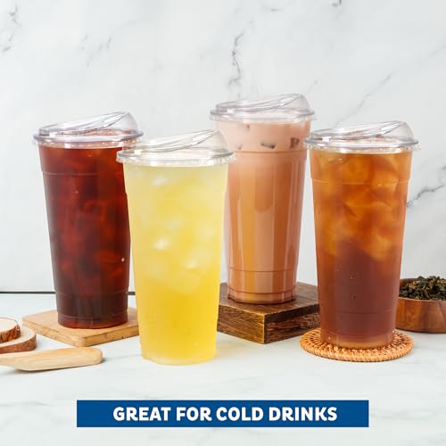 Freshware 24 oz Clear Disposable Plastic Cups with Strawless Sip Lids, 100 Pack Clear Plastic Tumblers, Heavy-duty Party Glasses, Disposable Cups for Thanksgiving, Halloween, Christmas Party