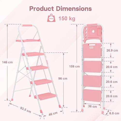 BONTEC 4-Step Ladder, 400lbs Max Load, Folding Step Stool with Tool Tray, Anti-Slip Pedals, Sturdy Steel, Lightweight Portable Ladder with Handrail for Home & Work Use, Pink