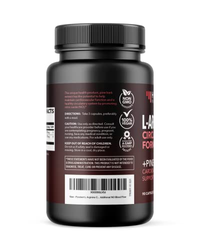 L-Arginine 1800mg and Pine Bark Extract 100mg - Nitric Oxide Supplement for Men - Performance Supplement for Men's Health - 90 Count - Endurance, Recovery Support - Vegan, Non-GMO Capsules