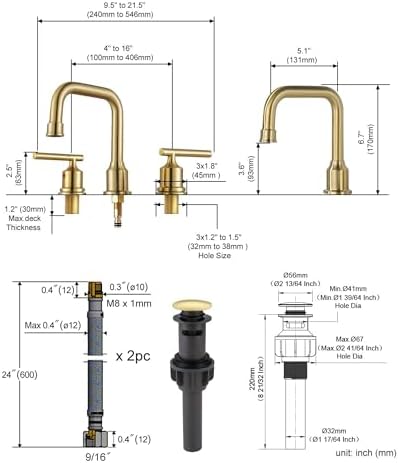 WOWOW Brushed Gold Bathroom Faucet Widespread Bathroom Sink Faucet 2 Handle Lavatory Tap 3 Holes with Drain and Supply Hoses Mordern Basin Taps