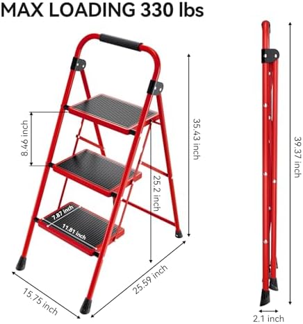 KINGRACK Step Ladder, 3 Step Ladder with with Anti-Slip and Wide Pedal,Portable Foldable Step Stool with Handgrip,Tall Sturdy Step Ladder for Home Kitchen Household,Red