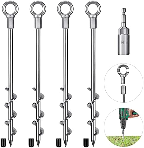 4 Pack Tent Stakes, 12 Inch Heavy Duty Ground Anchors, Fully Welded Spiral Earth Anchors for Camping Tents, Trampolines, Sheds, Swing Sets, Securing Animals