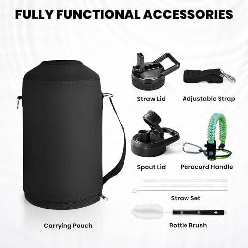 One Gallon Water Bottle Insulated, Triple Walled Vacuum Stainless Steel (Cold for 48 Hrs), Leak Proof & Non-BPA, Large Water Flask Jug with Paracord Handle & Straw Spout Lids