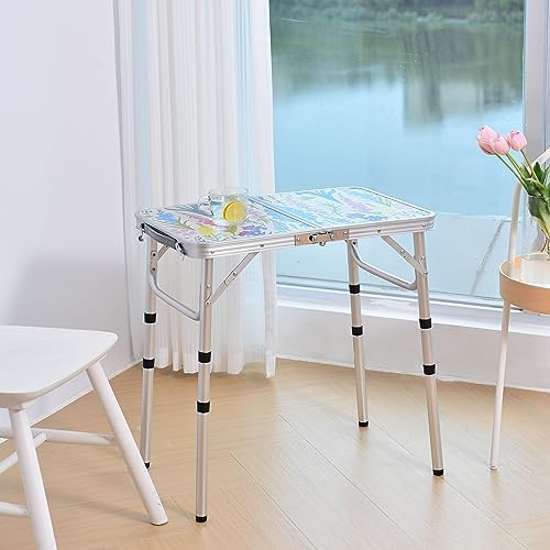 Folding Camping Table 2ft Portable Pinic Table Adjustable Height Small Card Table Aluminum Foldable Lightweight with Carry Handle for Outdoor Indoor Hiking Camp BBQ Beach (Blooming Floral)