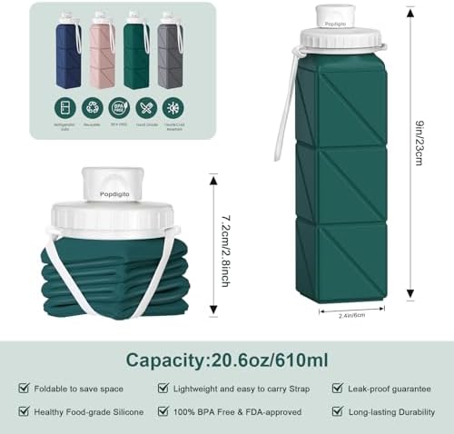 4pack Collapsible Water Bottles, 20.6oz Foldable Water Bottle BPA Free Reusable Lightweight LeakProof Travel Silicone Water Bottles for Travel, Gym, Hiking, Office, Camping, Sports Portable