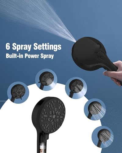 Filtered Shower Head with Handheld Matte Black, BOWGER 6 Modes High Pressure Shower Heads with Power Wash Mode and Hard Water Filter, Detachable Hand Held Showerhead Set with Extra Long Hose