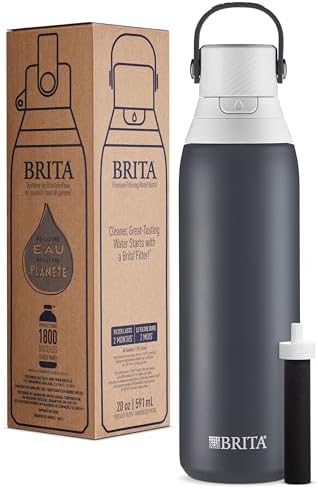 Brita Stainless Steel Premium Filtering Water Bottle, BPA-Free, Reusable, Insulated, Replaces 300 Plastic Water Bottles, Filter Lasts 2 Months or 40 Gallons, Includes 1 Filter, Carbon - 20 oz.
