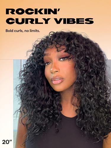 GORGIUS Glueless Curly Wig with Bangs Natural Black Synthetic Curtain Bang with Realistic Scalp Put On and Go 20 Inch